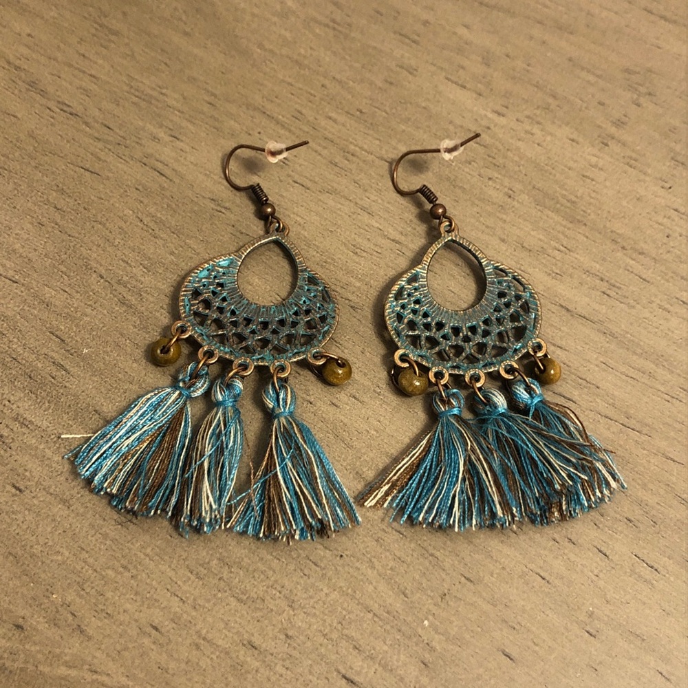 Bohemian Teal Blue and Brown Tassel Necklace and Earring Set - Picture 6 of 10
